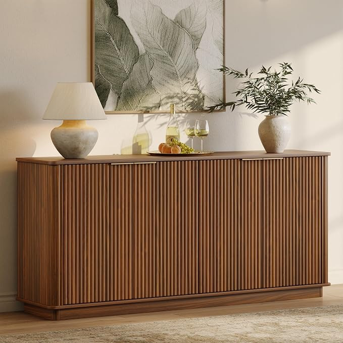 VMU 63" Fluted Sideboard Buffet Cabinet with Storage | Walnut Modern Wood Credenza Media Console ... | Amazon (US)