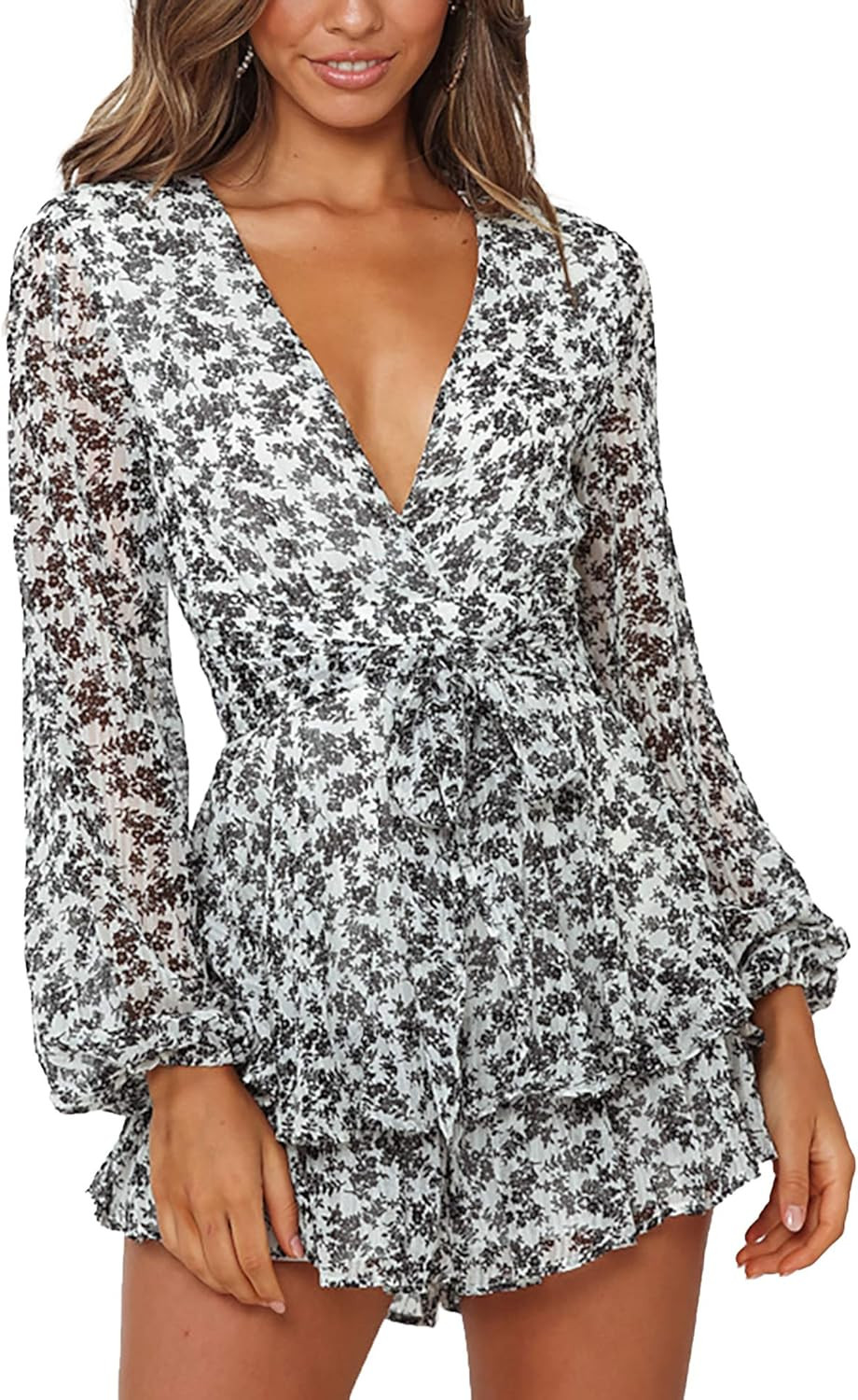 Relipop Women's Polka Dot Jumpsuits Deep V-Neck Long Sleeve Knot Front Ruffle Hem Floral Rompers | Amazon (US)