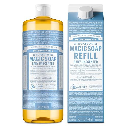 Dr. Bronner's Pure-Castile Liquid Magic Soap Bottle & Refill Carton - Made with Regenerative Organic Certified Oils- 18-in-1 Uses for Face, Body Wash, Hand Soap Refill- Baby Unscented, 32 oz | Amazon (US)