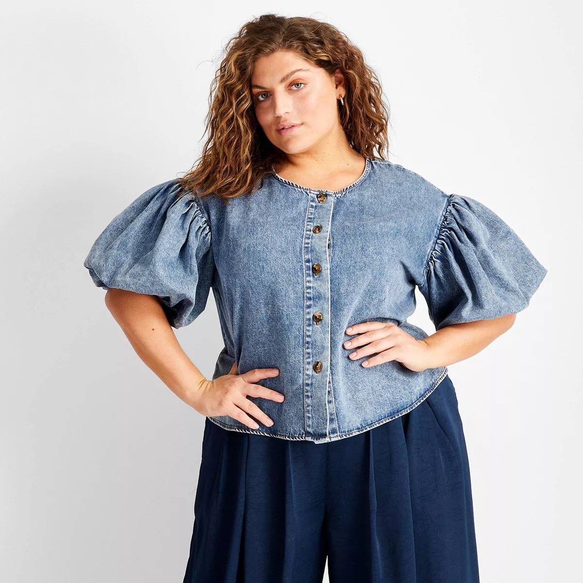 Women's Puff Short Sleeve Denim Top - Future Collective Medium Wash | Target