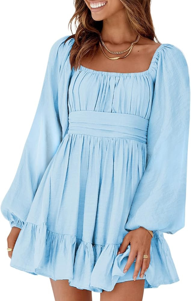 Dokotoo Womens Dress Long Lantern Sleeve Square Neck Tie Backless Sexy Dress Ruffle Elastic Waist... | Amazon (US)