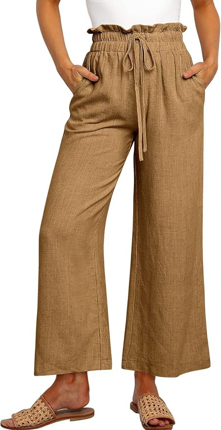 ANRABESS Women's Linen Pants Casual Loose High Waist Drawstring Wide Leg Capri Palazzo Pants Trou... | Amazon (US)
