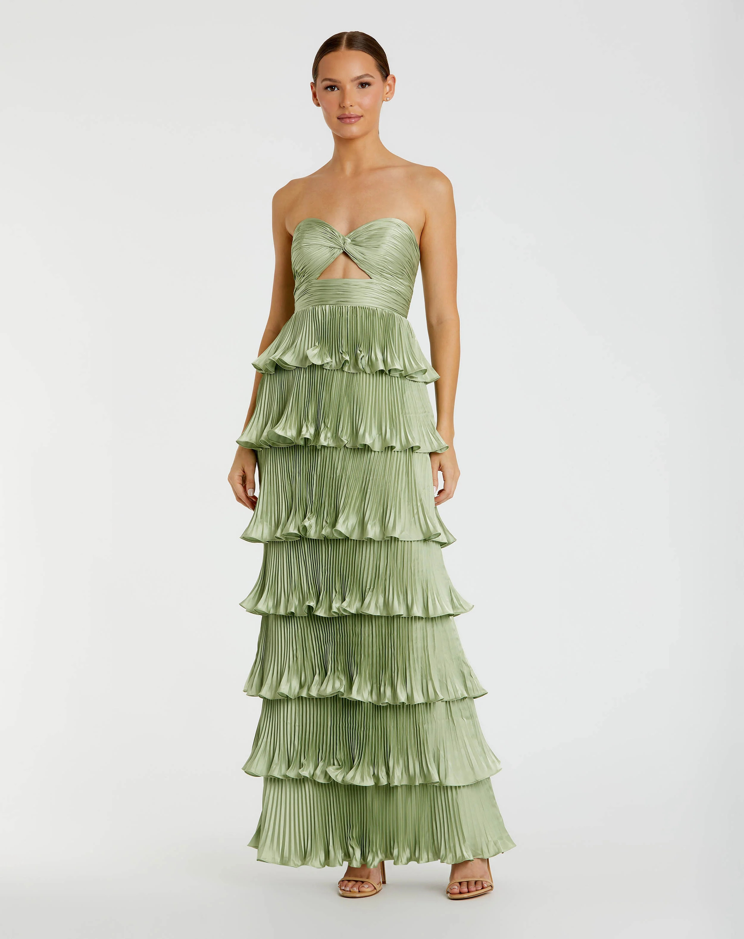 Green Pleated Charmeuse Strapless Tiered Ruffle Gown | Mac Duggal