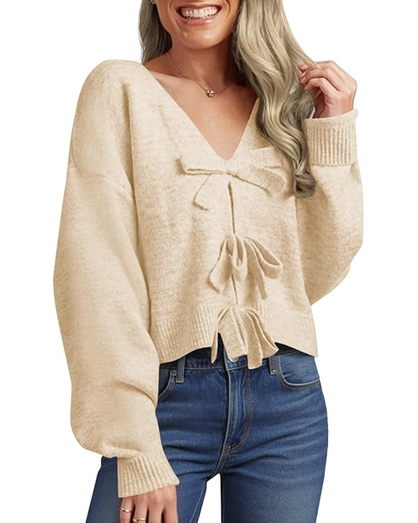 Saodimallsu Womens Bow Sweater Cropped V Neck Long Sleeve Fall Cozy Knit Loose Trendy Pullover Sw... | Amazon (US)