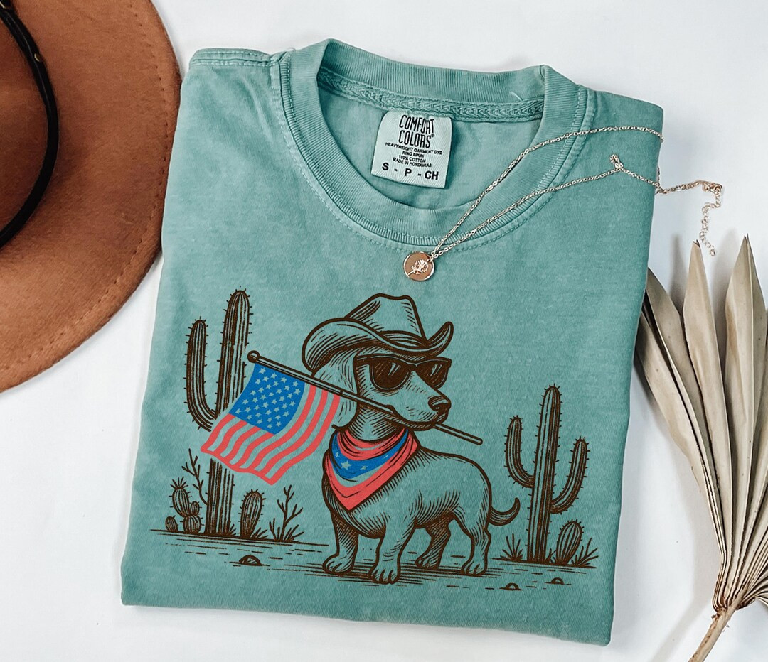 Comfort Colors ® 4th of July Patriotic Dachshund Shirt, Cowboy Dog USA Flag Western T-shirt, Red... | Etsy (US)