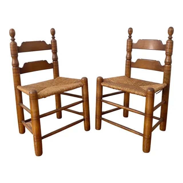 Vintage 1940s Mid-Century Whitney Dowel Wood and Rush Seat Pair of Chair | Chairish