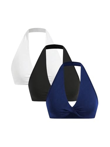 BEAUDRM Women's 3 Pieces Workout Sport Bra Twist Front Sleeveless Backless Yoga Halter Crop Tops Black and Blue Medium | Amazon (US)