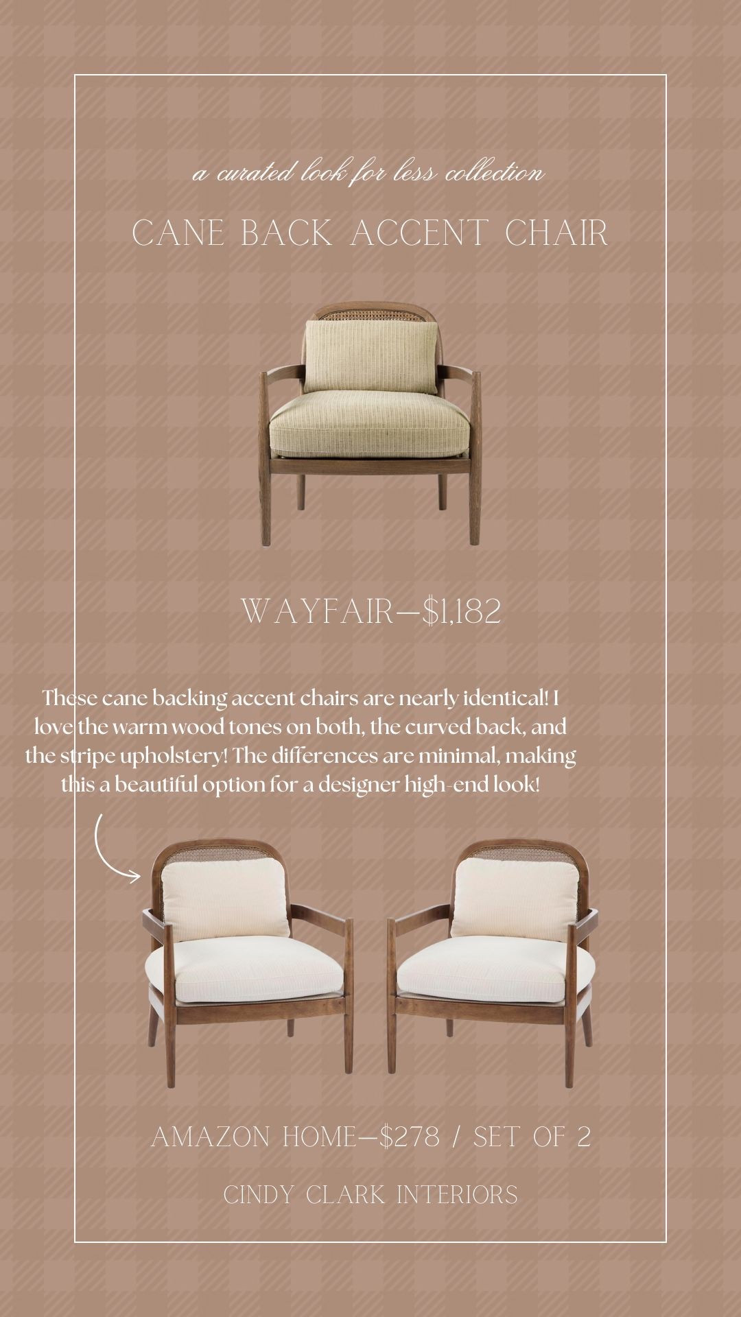 These cane backing accent chairs are nearly identical! I love the warm wood tones on both, the curved back, and the stripe upholstery! The differences are minimal, making this a beautiful option for a designer high-end look!

#LTKHome #LTKSaleAlert