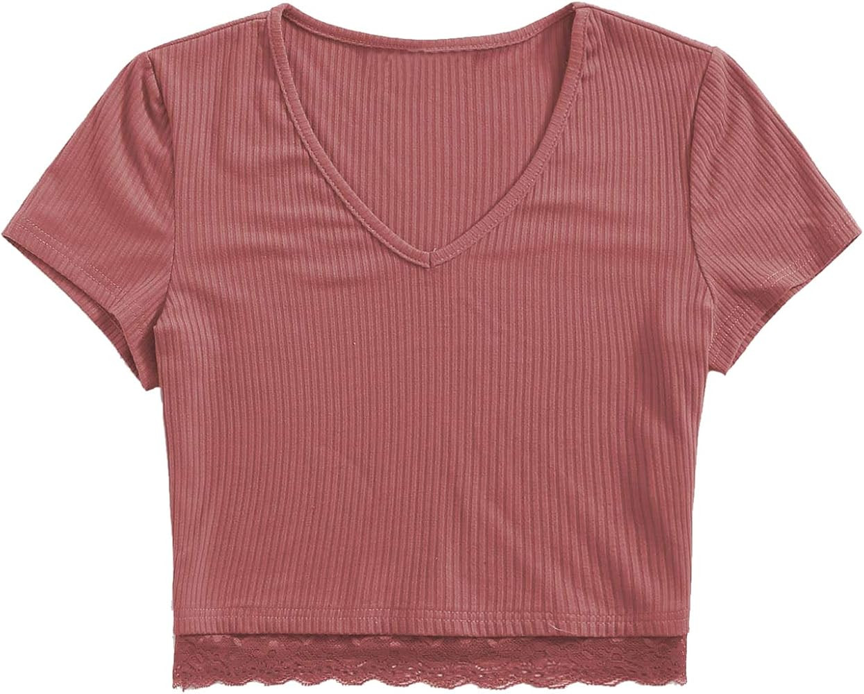 SweatyRocks Women's Sexy V Neck Lace Hem Ribbed Knit Tee Shirt Crop Top | Amazon (US)