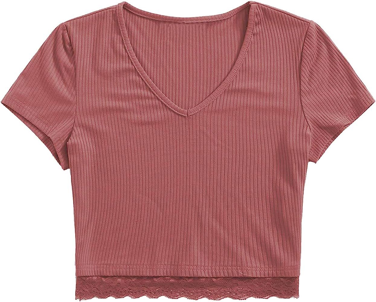 SweatyRocks Women's Sexy V Neck Lace Hem Ribbed Knit Tee Shirt Crop Top | Amazon (US)