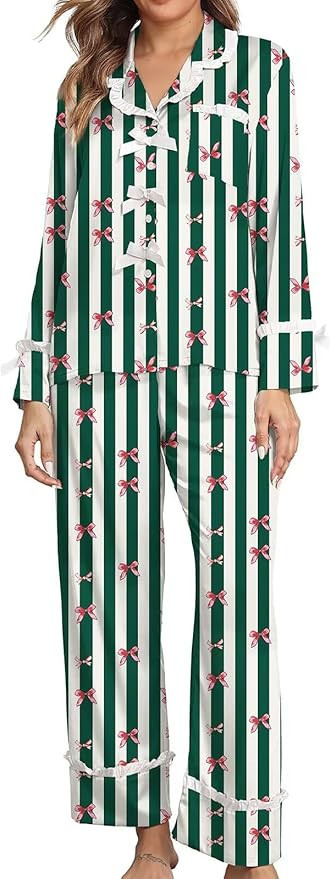 Brosloth Womens Silk Pajamas Bow Long Sleeve Satin Pajama Set Silky Button Down Fall Pjs Loungewe... | Amazon (US)