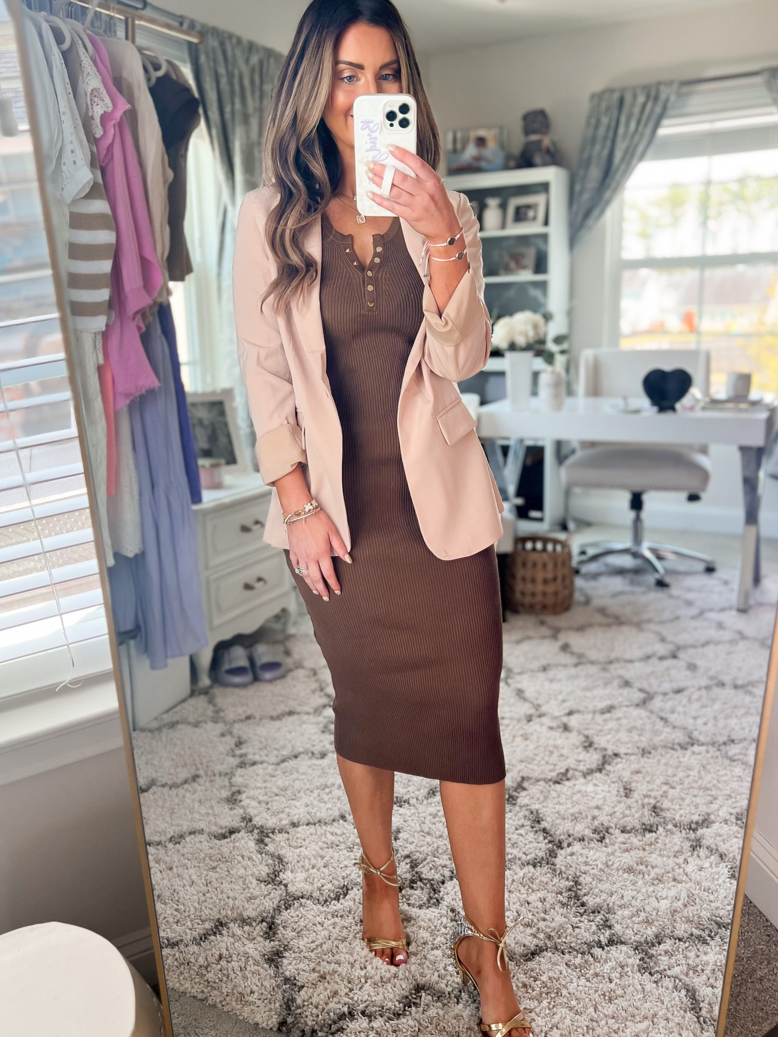 Chocolate brown body on ribbed dress 
With gold buttons 
Beige blazer 