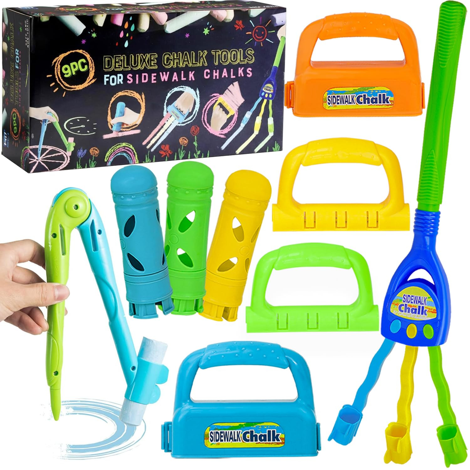 Sidewalk Chalk Holders, 9 PCS Outdoor Play Tools, Adjustable Jumbo Rake, Clip, Accessories Toys S... | Amazon (US)