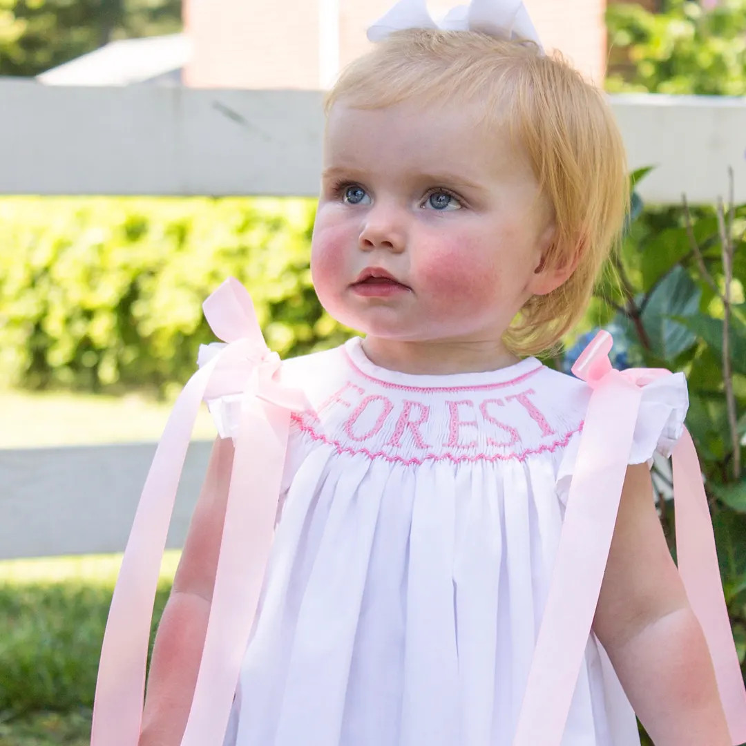 Custom Name Smocked Bishop Dress White Pink Hand Smocking Ribbon Bows Baby Gift Baptism Wedding H... | Etsy (US)