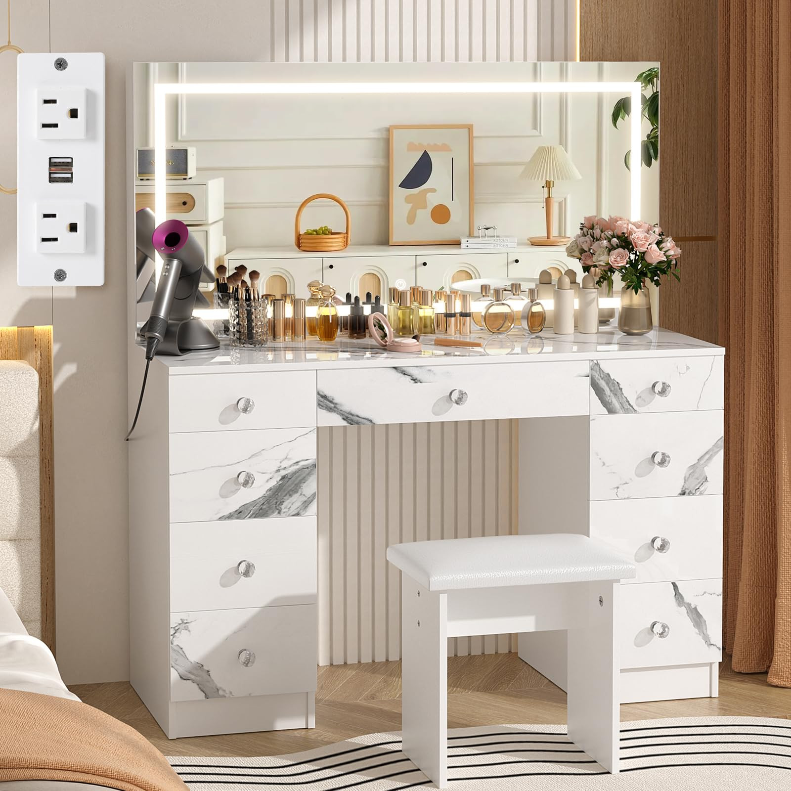 VOWNER Vanity with Lighted Mirror - 47" Makeup Vanity Desk with 9 Drawers and Power Outlet, 3 Col... | Amazon (US)