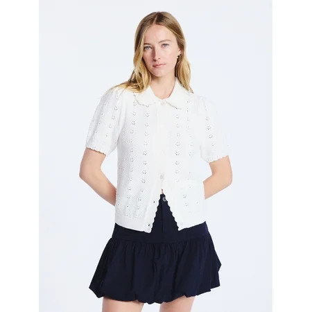 Free Assembly Women's and Women's Plus Cotton Pointelle Cardigan Sweater with Short Sleeves, Lightweight, Sizes XS-4X | Walmart (US)