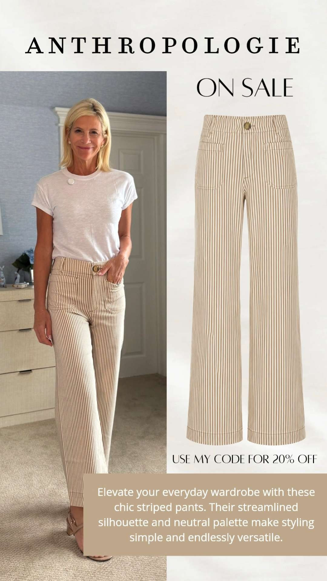 These neutral striped wide-leg pants are one of those timeless pieces you'll wear season after season! 🤍 I love how effortless they look with a simple white tee, making them perfect for everything from weekend errands to vacation days. Even better, they're 20% off with code ANGELA20!

❤️ Heart = Support my posts
📌 Save = Get sale & restock alerts
🛍️ Follow me on LTK for more effortless style. 

 #LTKootd #LTKOver40 #LTKSaleAlert