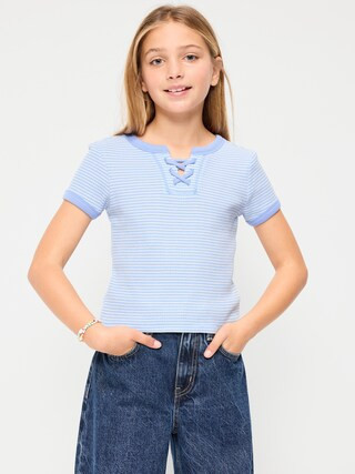 Fitted Lace-Front Waffle-Knit Top for Girls | Old Navy (US)