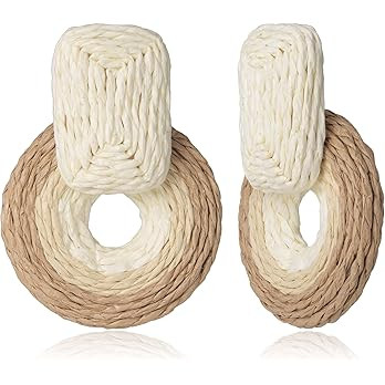 Raffia Round Earrings Statement Boho Wicker earring Drop Dangle Earrings Handmade Rattan Straw Fa... | Amazon (US)