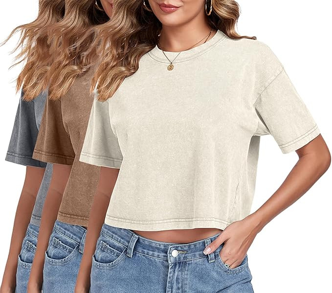 Womens Crop Tops Acid Wash Short Sleeve T-Shirts Casual Round Neck Basic Tees Baggy Summer Shirts | Amazon (US)