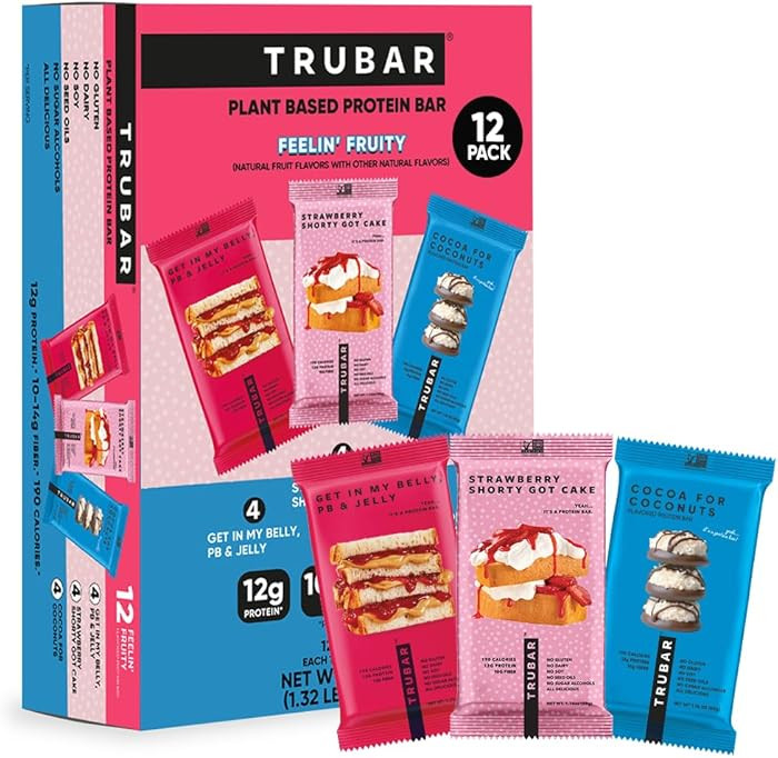 TRUBAR Vegan Protein Bars, Feelin' Fruity Variety Pack, PB & Jelly, Strawberry Shortcake & Chocol... | Amazon (US)
