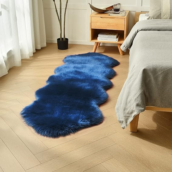 duduta Navy Blue Sheepskin Bedroom Living Room Runner Rugs 2x6 ft, Fluffy Shag Faux Fur Couch Sof... | Amazon (US)