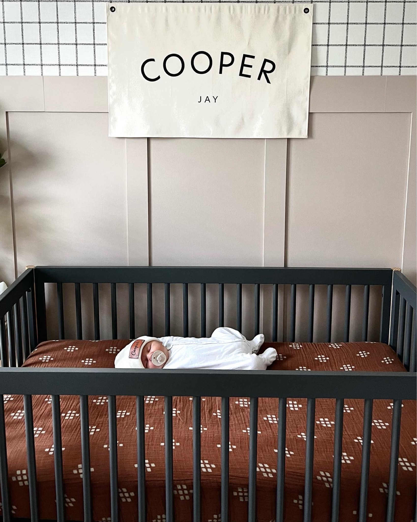 Baby boy nursery, moody, neutral, boho, modern farmhouse, name flag, nursery name sign, gray charcoal crib, windowpane, plaid wallpaper, boy room, nursery inspo, baby beanie, baby boy style, crib

#LTKkids #LTKbaby #LTKhome