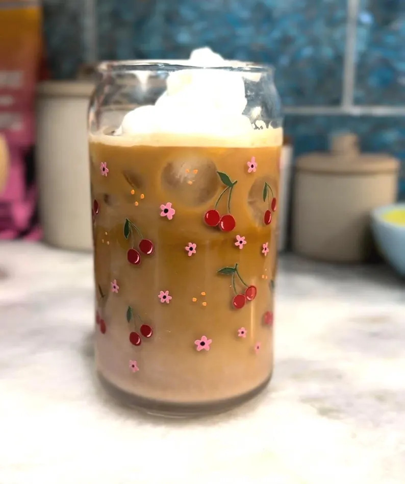 Cherry Motif Beer Can-shaped Glass for Her, Iced Coffee Glass, Beer Can Shaped Glass With Cherry ... | Etsy (US)