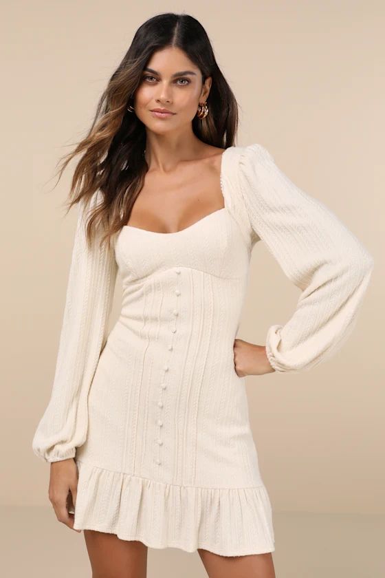 Coveted Sweetness Cream Pointelle Knit Long Sleeve Mini Dress | Lulus