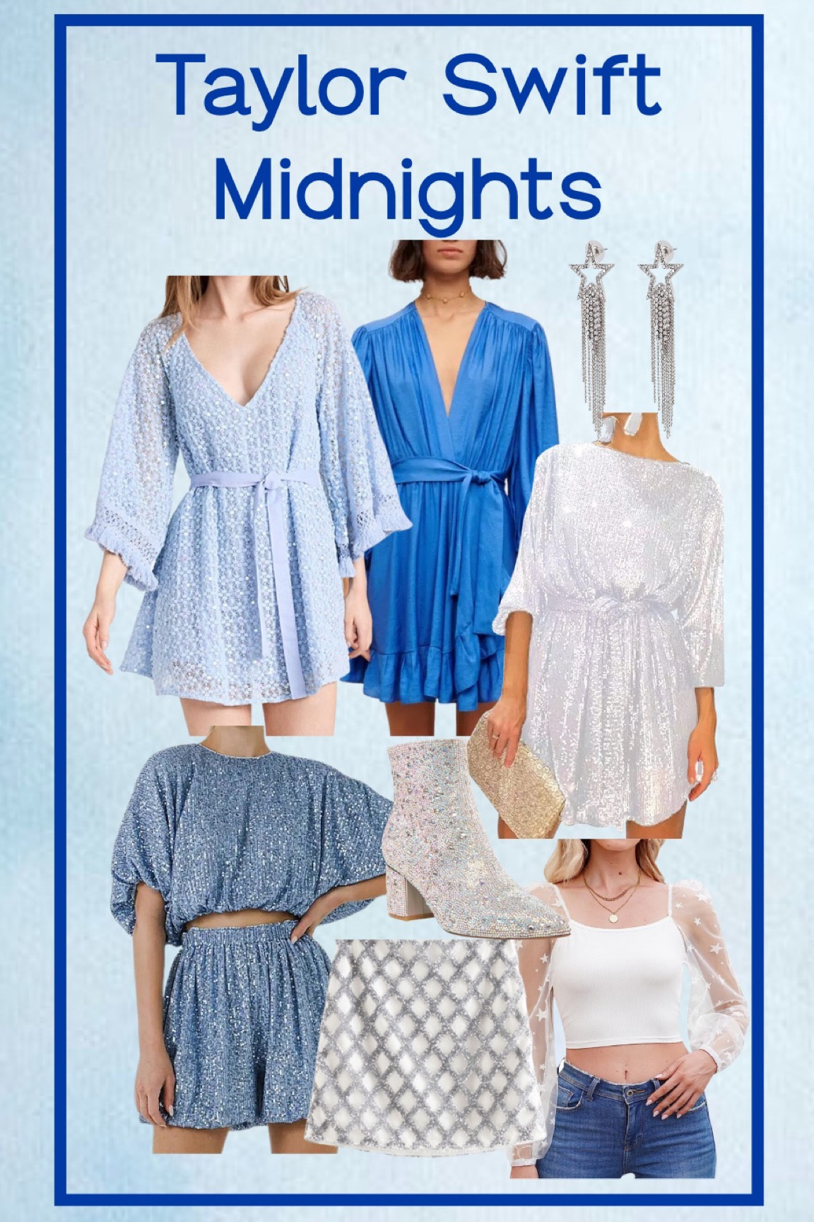 Eras Tour outfit ideas. Taylor Swift outfit ideas. Taylor Swift Midnights outfit ideas. Eras Tour outfits. Blue sequin two-piece set. Silver sequin dress. Silver sequin ankle boots. Star earrings. Sequin mini skirt 
.
.
.
.
… 

#LTKunder100 #LTKFestival #LTKstyletip