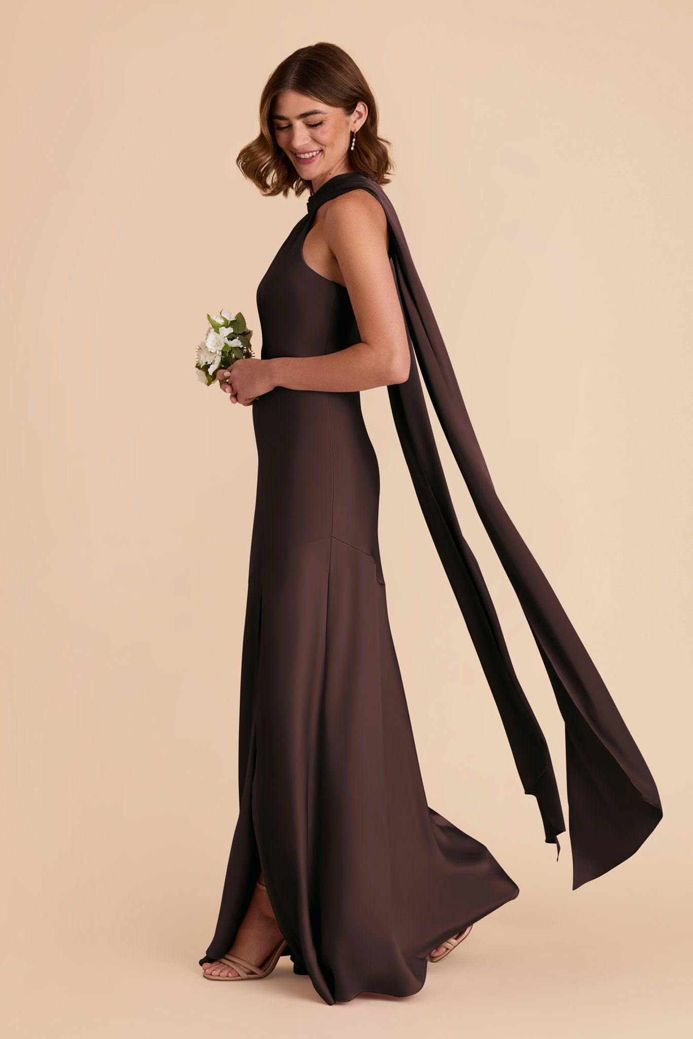 Eileen Espresso Satin Halter Bridesmaid Dress | Birdy Grey | Birdy Grey