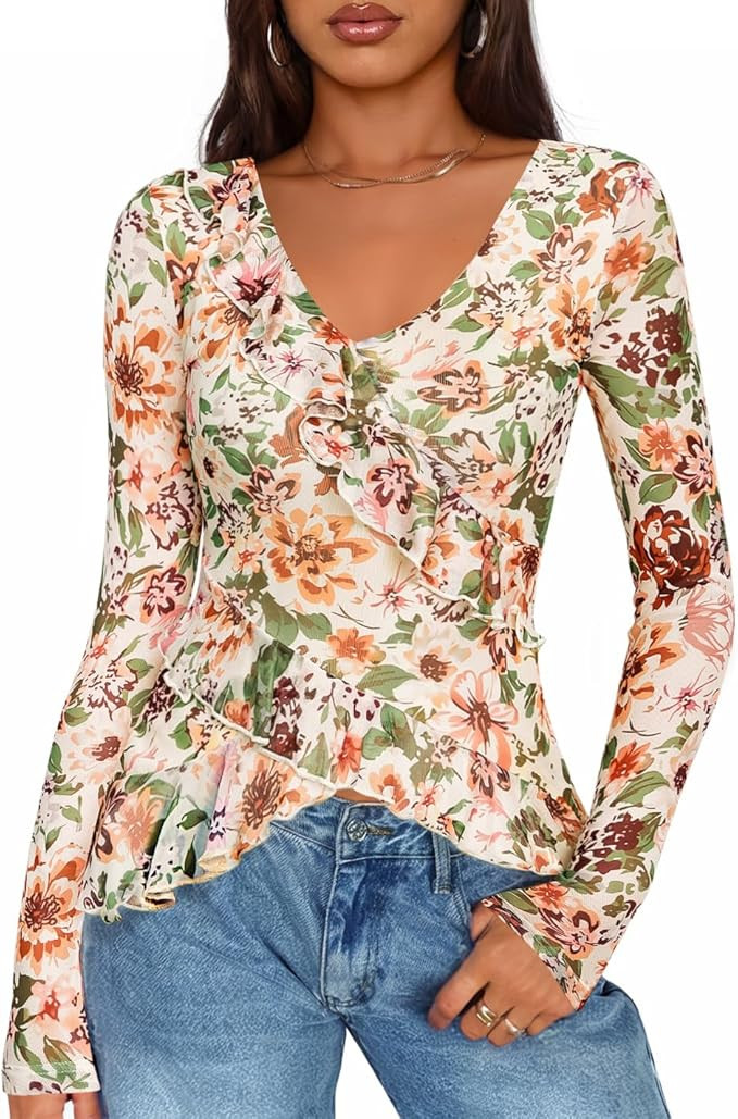 ZESICA Women's Long Sleeve Floral Shirts V Neck Going Out Ruffle Tops Blouses 2026 Fall Fashion C... | Amazon (US)