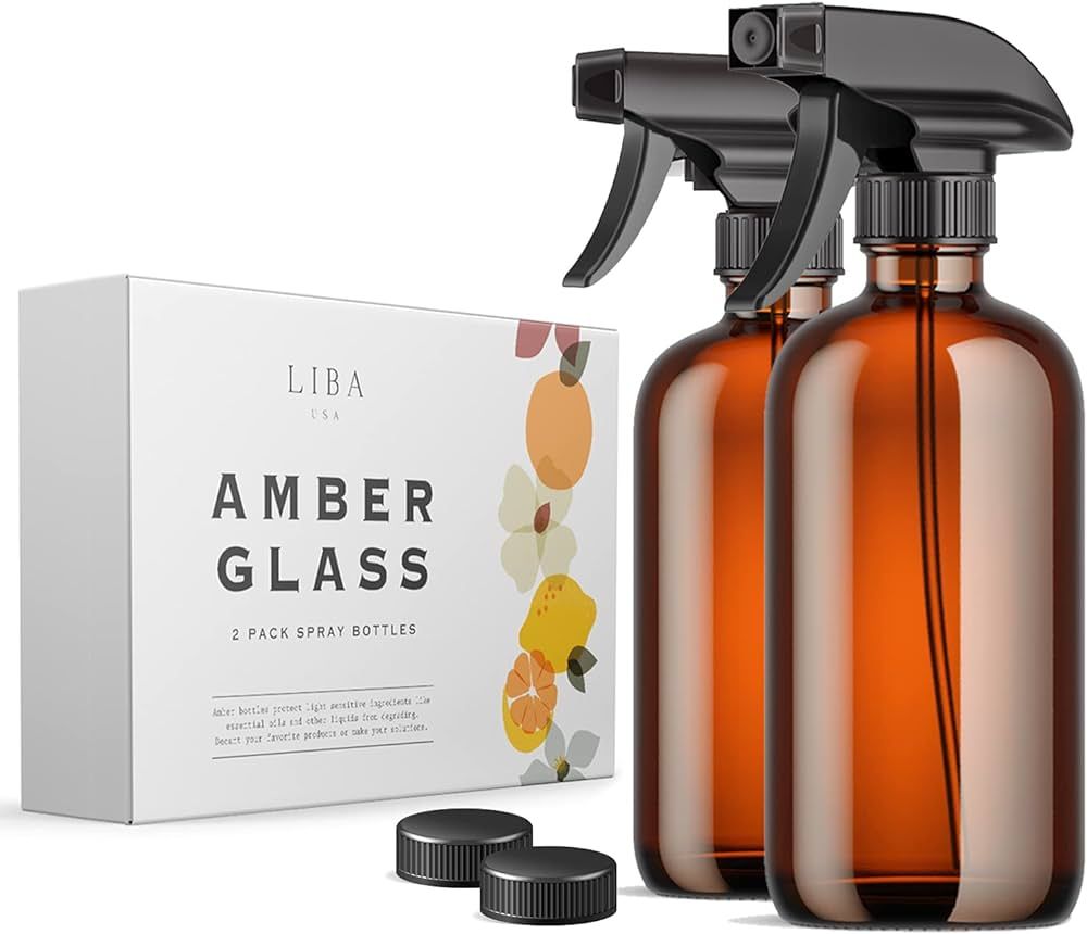 LiBa Amber Glass Spray Bottles 2 Pack, 16 oz Refillable Empty Spray Bottle for Cleaning, Essentia... | Amazon (US)