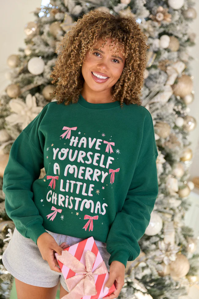 Merry Christmas Bows Evergreen Graphic Sweatshirt | Pink Lily
