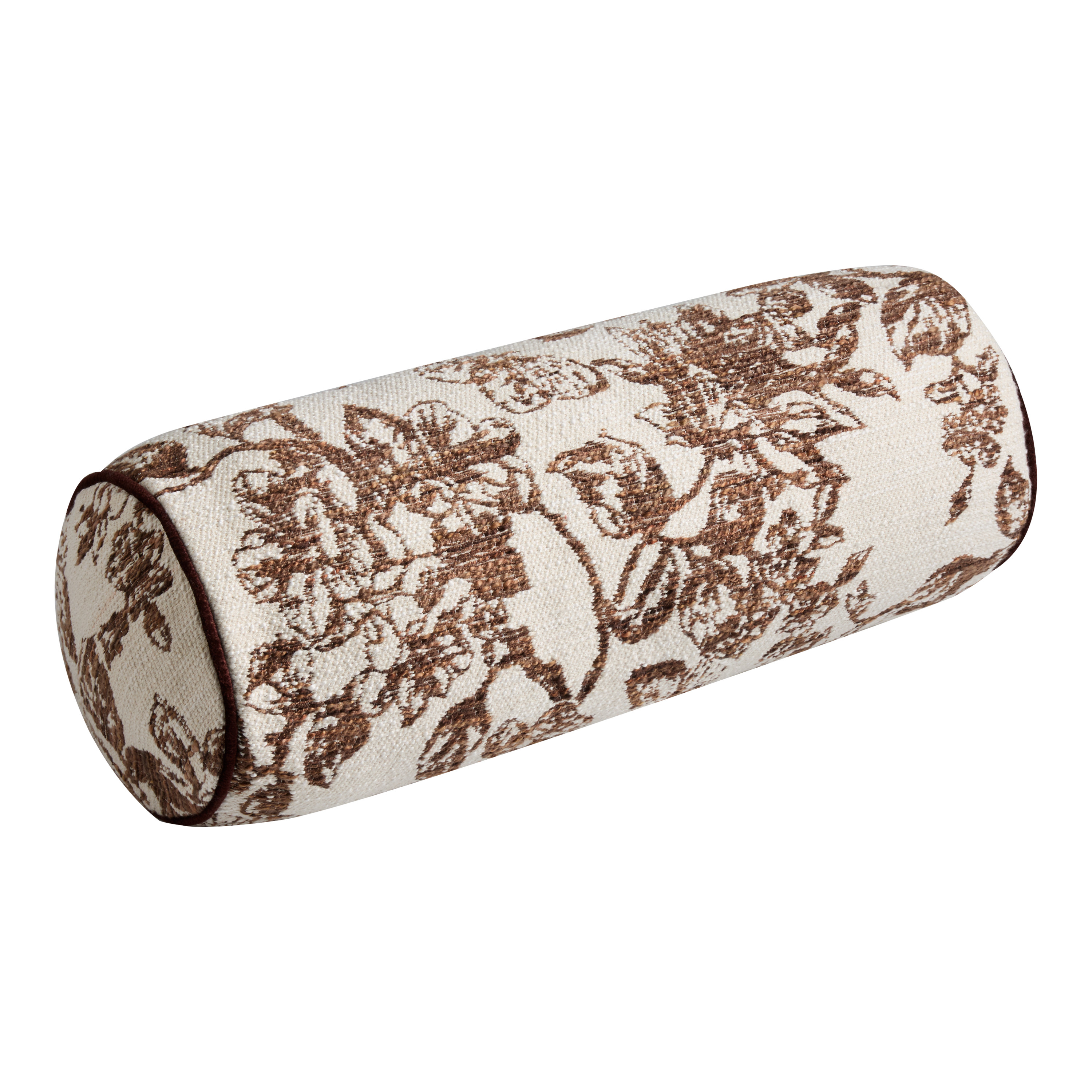 Cream and Brown Jacquard Floral Bolster Pillow | World Market
