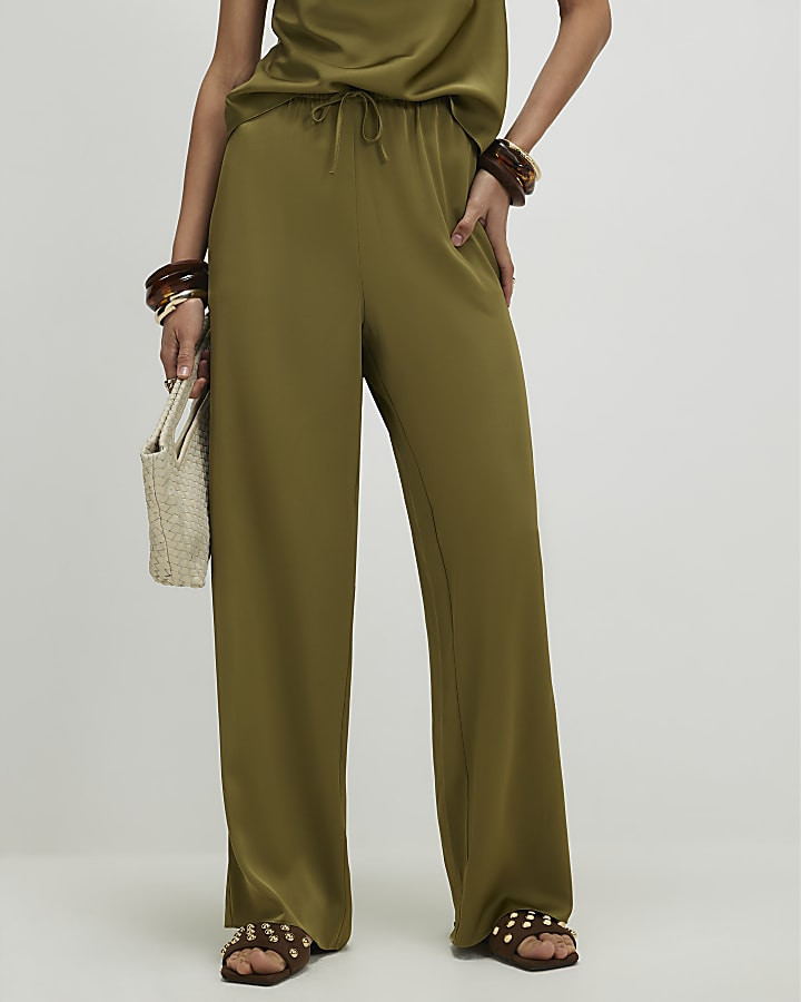 Khaki Satin Trousers | River Island UK & IE