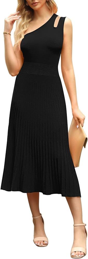 LaSuiveur Women's Knit Sweater Dress Solid Pleated Cut-Out One Shoulder Fit and Flare Casual Eleg... | Amazon (US)