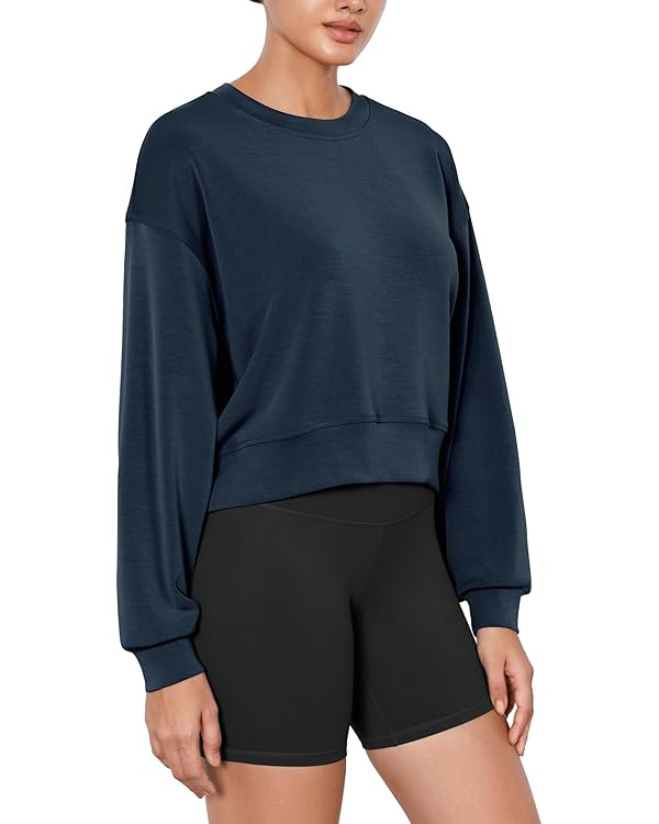 ODODOS Modal Soft Long Sleeve Cropped Sweatshirts for Women Oversized Crew Neck Pullover Crop Top | Amazon (US)
