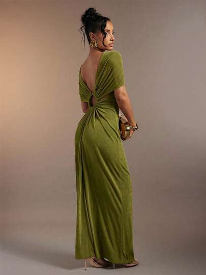 SHEIN Haute Women's Sexy High Neck Ruched Maxi Dress With Stylish Ring Decor | SHEIN