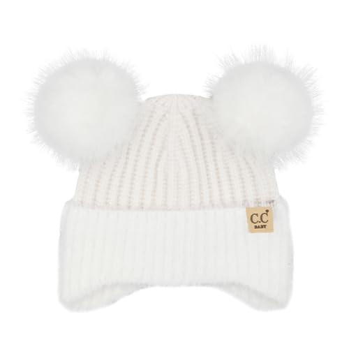 C.C Baby Multicolored Pom Pom Beanie with Ear Flap for Baby Infant Toddler (US, Age, 0 Months, 12 Months, Fur - White) | Amazon (US)