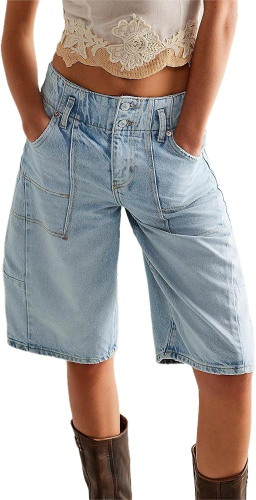 LifeShe Women's Denim Shorts Casual Baggy Bermuda Shorts Low Waist Barrel Leg Jean Shorts | Amazon (US)