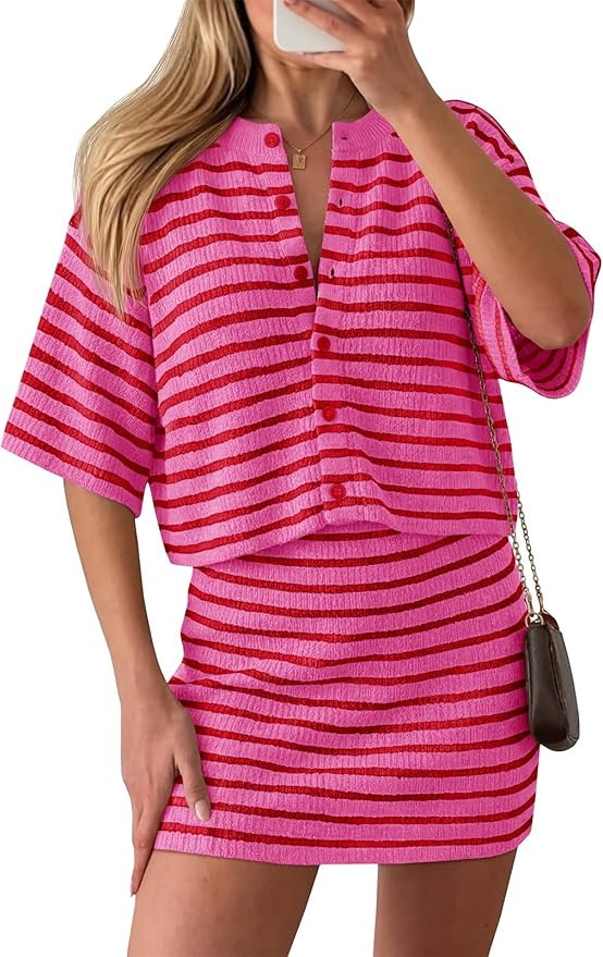 Saodimallsu Womens Two Piece Skirt Set Summer Striped Knit Short Sleeve Button Cardigans And Mini... | Amazon (US)