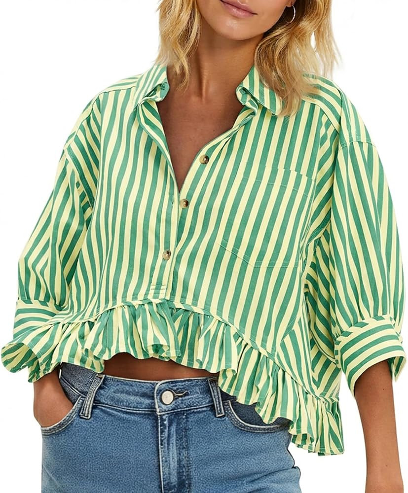 Cicy Bell Womens Cropped Striped Button Down Shirts Ruffle 3/4 Length Sleeve Summer Tops Dressy C... | Amazon (US)