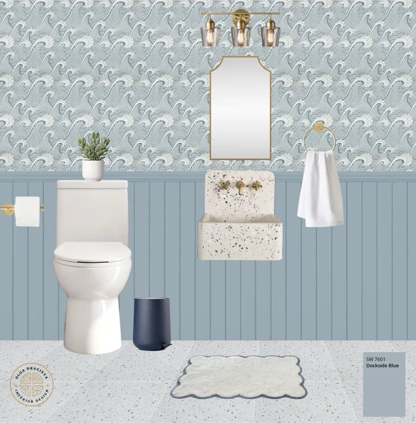 Ocean-inspired half bath design, I am loving this “wave” wallpaper! It is so pretty! The terrazzo sink is from Etsy and the vanity sconces are Wayfair! #homedecor #bathroom 

#LTKSeasonal #LTKSummerEdit #LTKHome