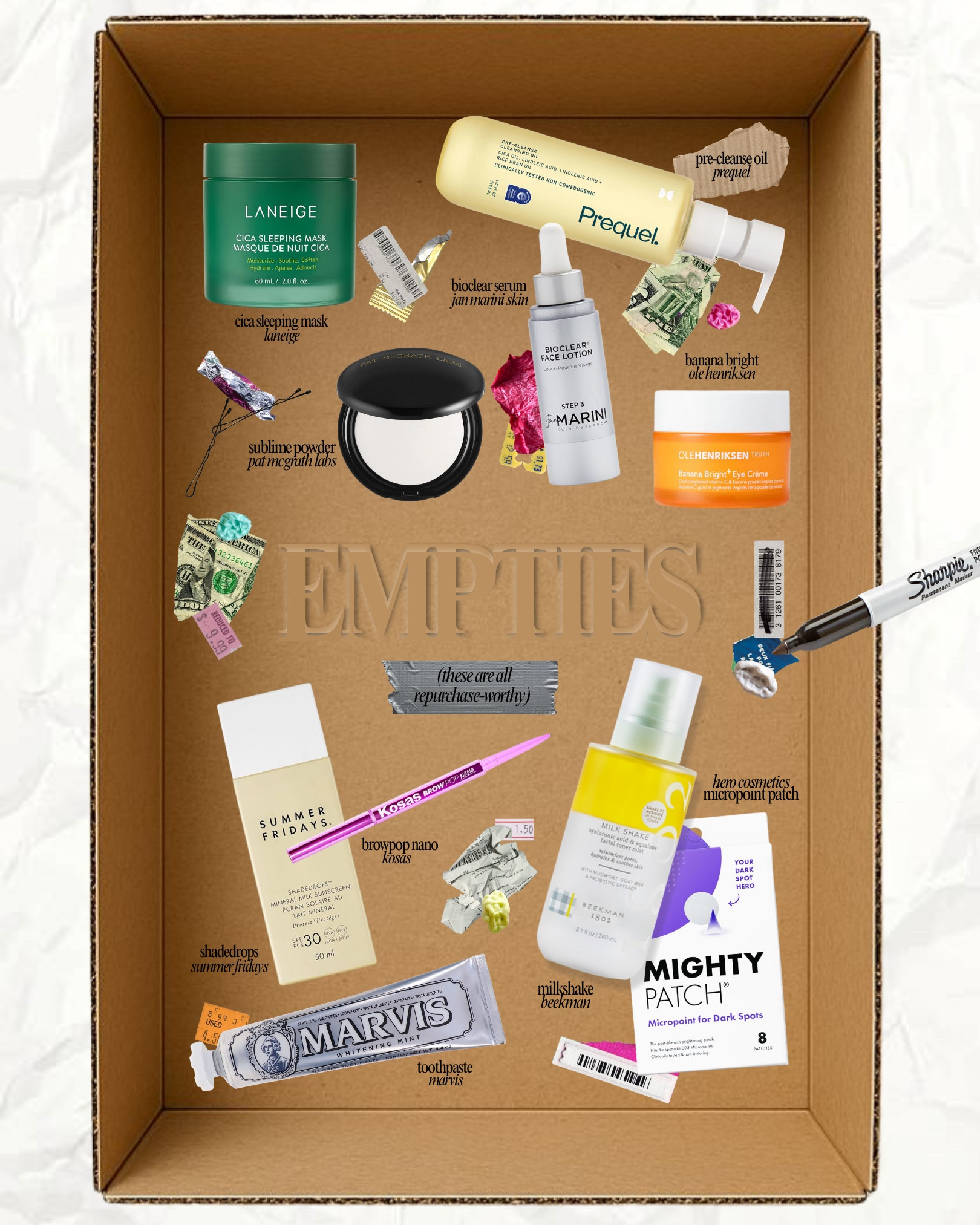 PRODUCT EMPTIES - all of these skincare/makeup products i would repurchase again!
- laneige cica sleeping mask
- prequel oil cleanser
- patmcgrath undereye powder
- ole henrickson banana bright 
- jan marini bioclear face lotion
- summer fridays shade drops spf
- beekman milkshake
- marvis toothpaste
- hero micropoint patches 
- kosas brow pop nano

#LTKFindsUnder50 #LTKSaleAlert #LTKBeauty