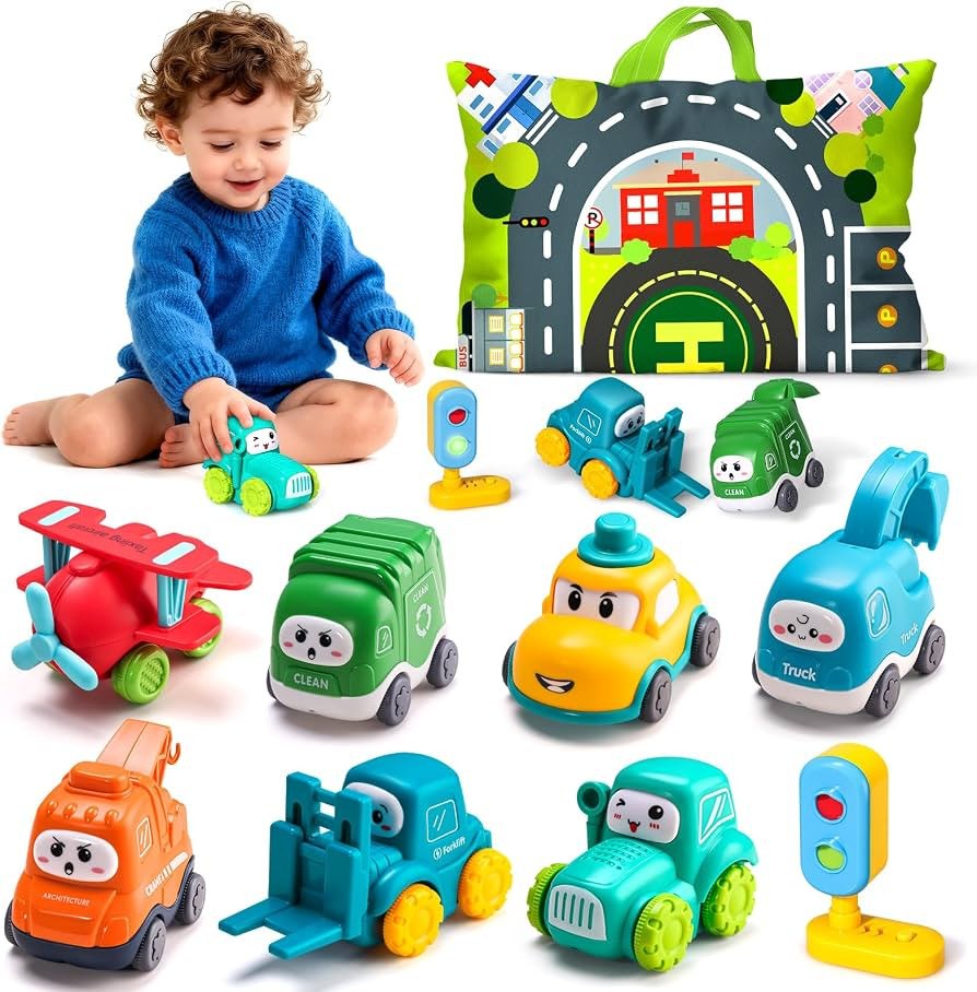ALASOU 8 PCS Baby Cranes Car Toys for 1 Year Old Boy with Playmat/Storage Bag|1st Birthday Gift f... | Amazon (US)