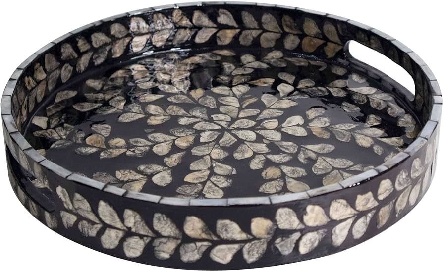 12.6” Round Mother of Pearl Serving Tray, Round Coffee Table Tray w Insert Handles, Nacred Wood... | Amazon (US)