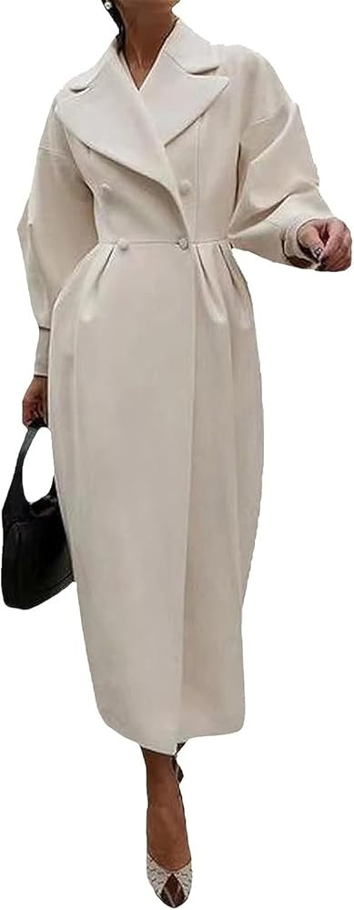 XSTH 2023 Women Double Breasted Lapel Pea Coats Ankle Length Solid Color Overcoat Lantern Sleeve ... | Amazon (US)