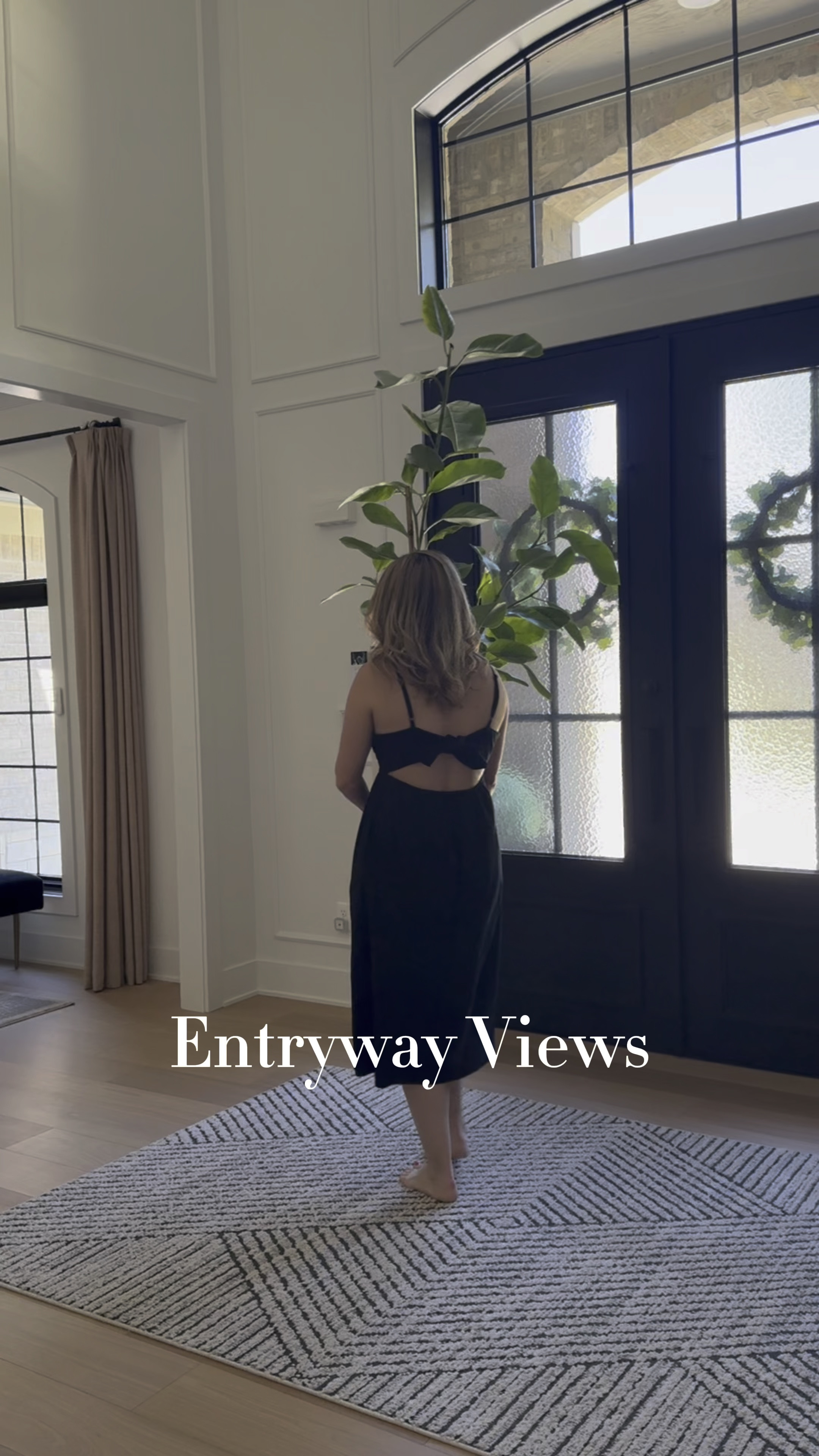 Simple entryway styling. Shop my geometric rug, black pedestal table, affordable stems and more. The plant is the Ficus Audrey from easy plant and can’t be linked.

#LTKHome #LTKVideo