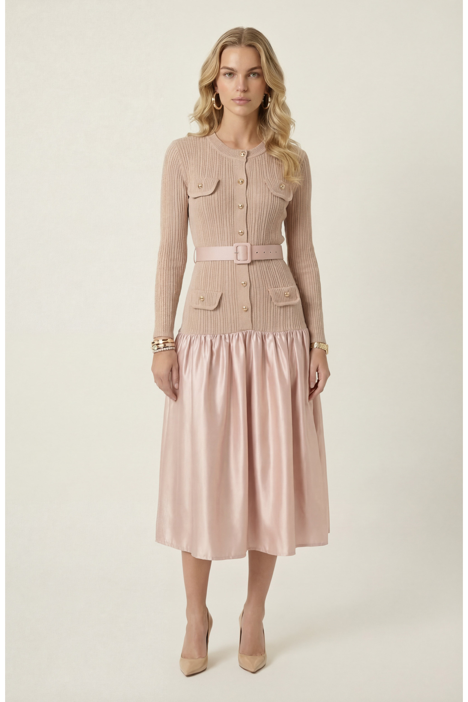 Ribbed Knit and Satin Midi Dress (Women) | Nordstrom | Nordstrom